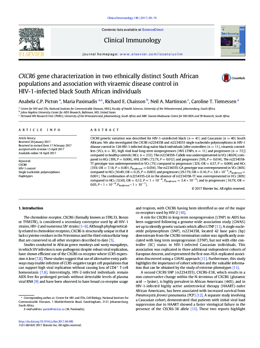 CXCR6 gene characterization in two ethnically distinct South African populations and association with viraemic disease control in HIV-1-infected black South African individuals