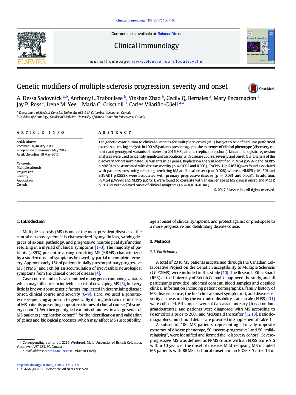 Genetic modifiers of multiple sclerosis progression, severity and onset