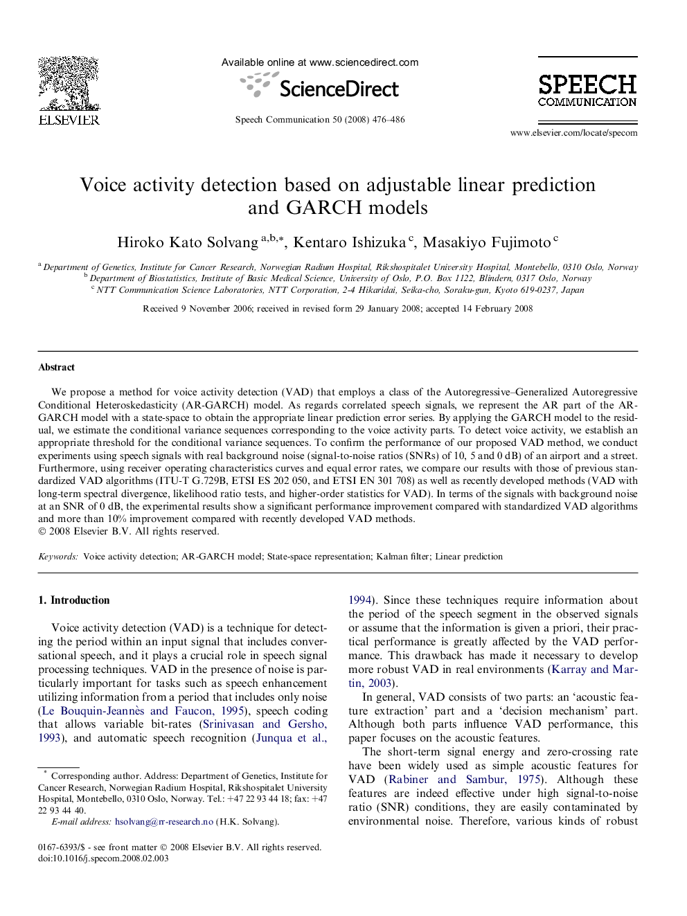 Voice activity detection based on adjustable linear prediction and GARCH models