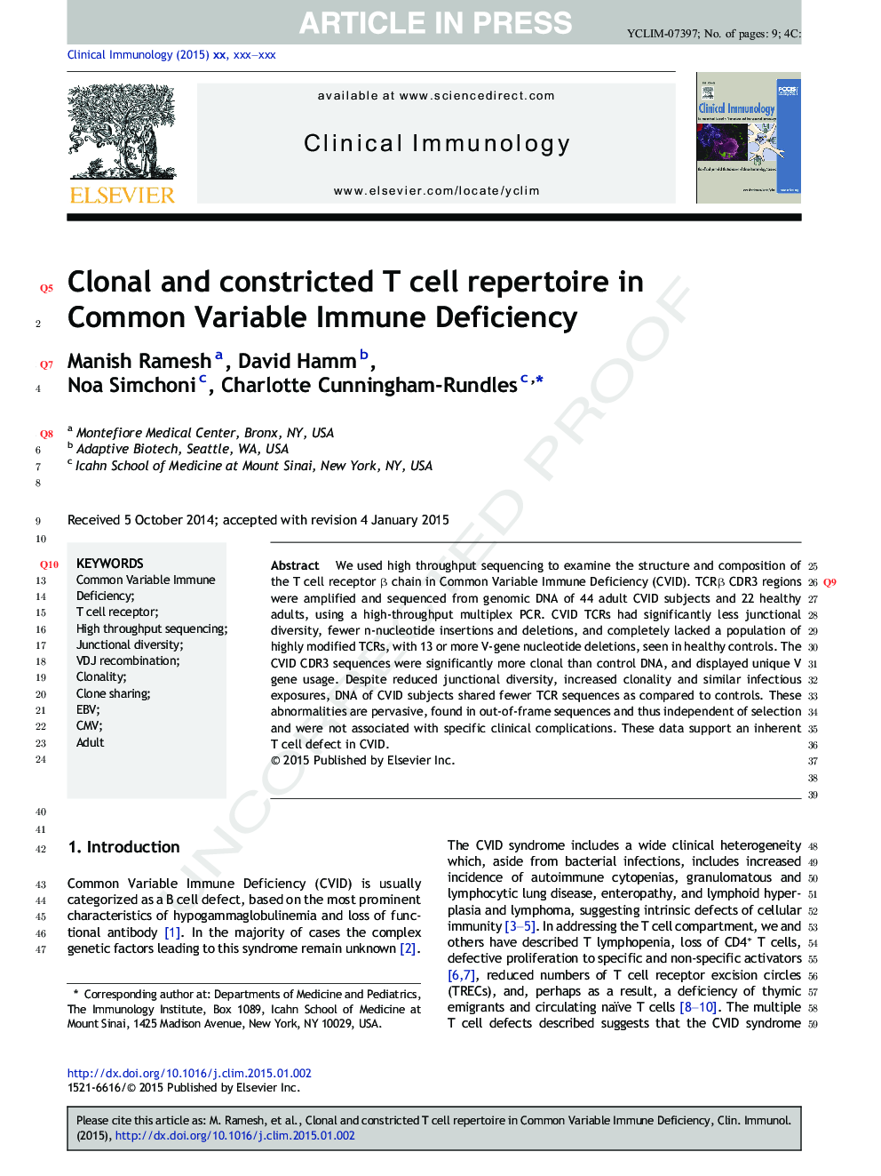 Clonal and constricted T cell repertoire in Common Variable Immune Deficiency