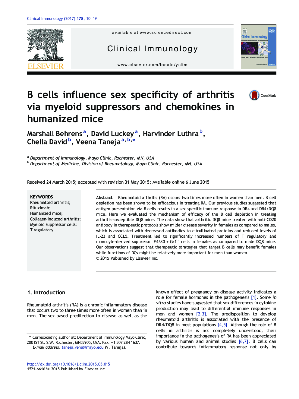 B cells influence sex specificity of arthritis via myeloid suppressors and chemokines in humanized mice