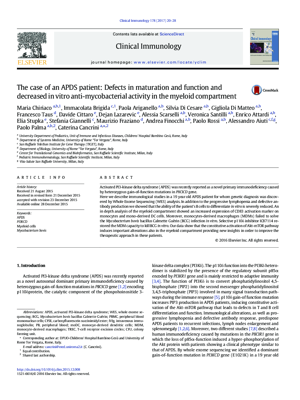 The case of an APDS patient: Defects in maturation and function and decreased in vitro anti-mycobacterial activity in the myeloid compartment