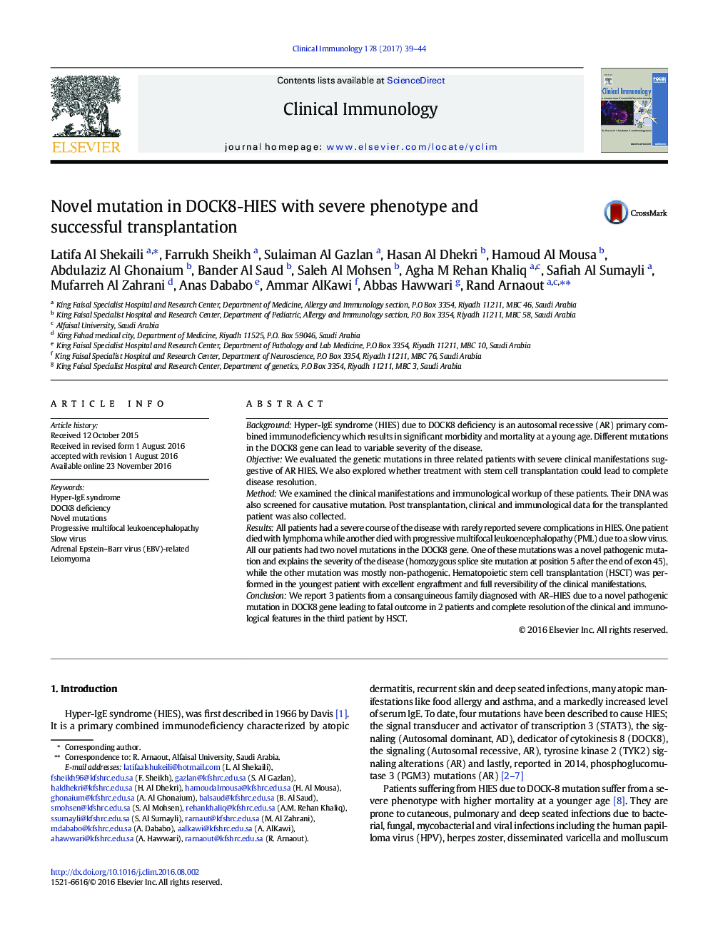 Novel mutation in DOCK8-HIES with severe phenotype and successful transplantation