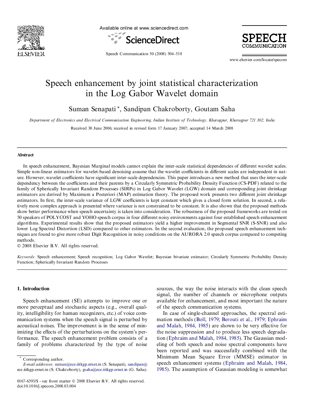 Speech enhancement by joint statistical characterization in the Log Gabor Wavelet domain