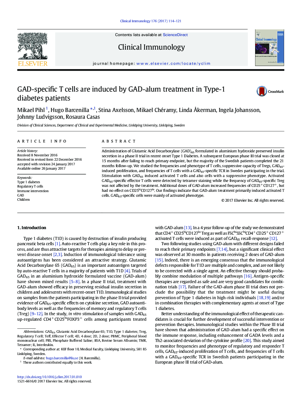 GAD-specific T cells are induced by GAD-alum treatment in Type-1 diabetes patients