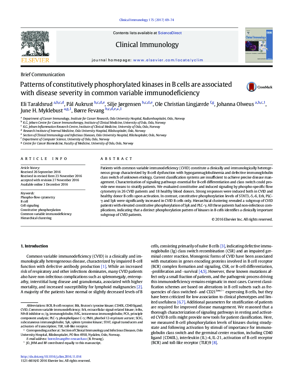 Patterns of constitutively phosphorylated kinases in B cells are associated with disease severity in common variable immunodeficiency