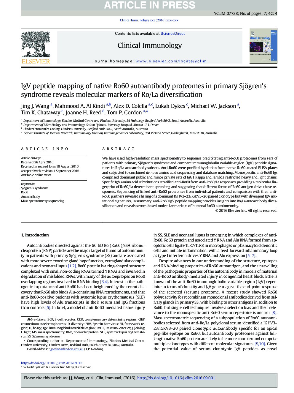 IgV peptide mapping of native Ro60 autoantibody proteomes in primary Sjögren's syndrome reveals molecular markers of Ro/La diversification