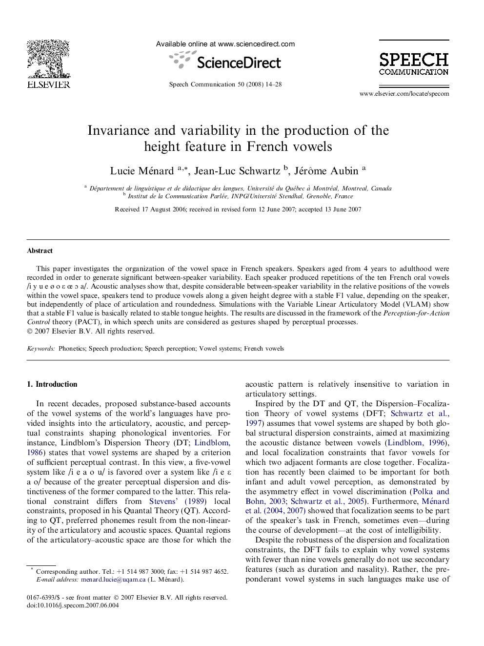 Invariance and variability in the production of the height feature in French vowels