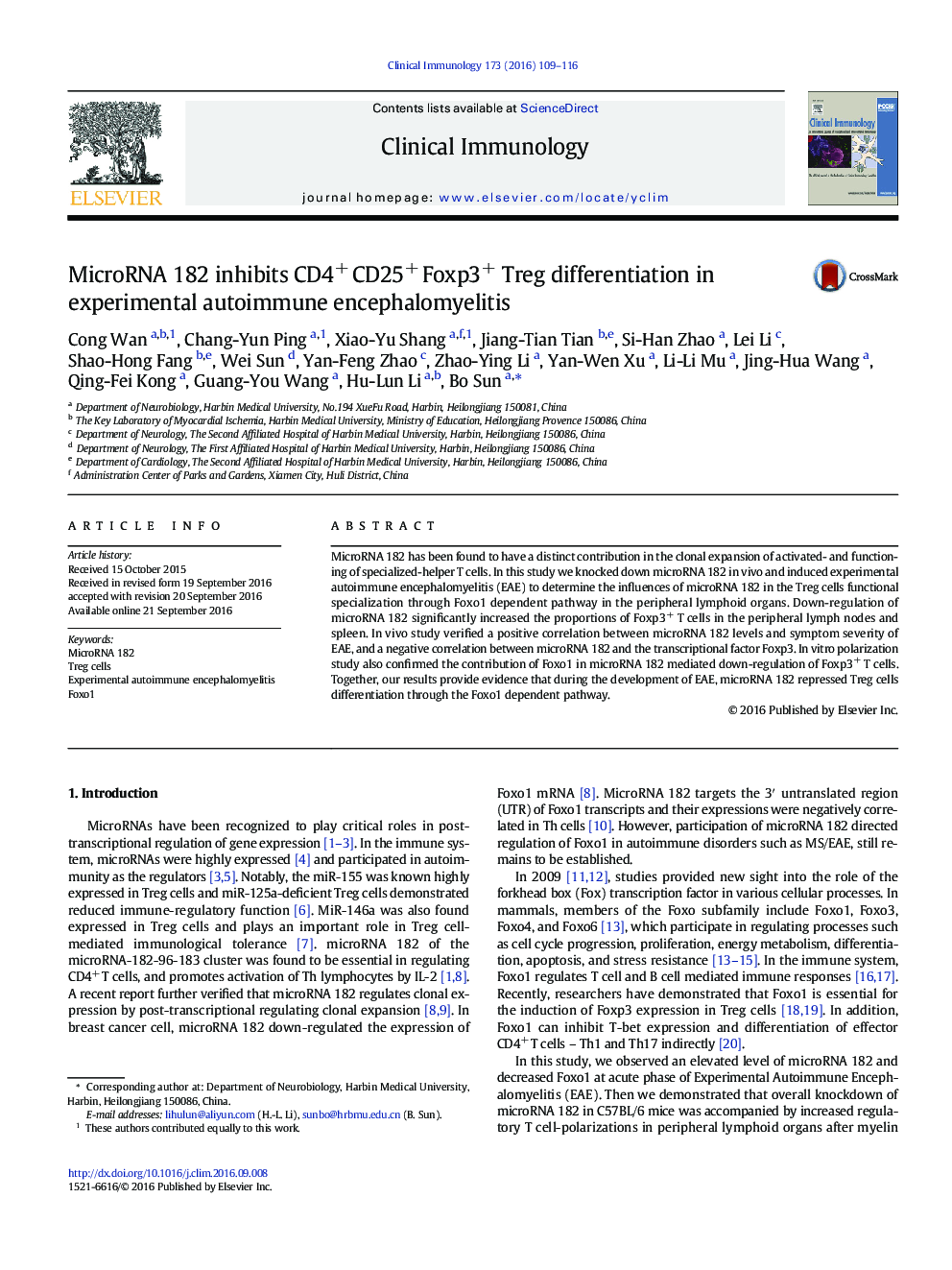 MicroRNA 182 inhibits CD4+ CD25+ Foxp3+ Treg differentiation in experimental autoimmune encephalomyelitis