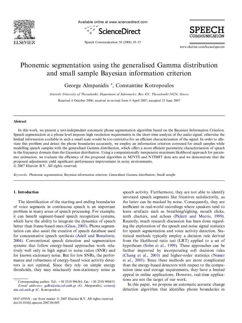 Phonemic segmentation using the generalised Gamma distribution and small sample Bayesian information criterion