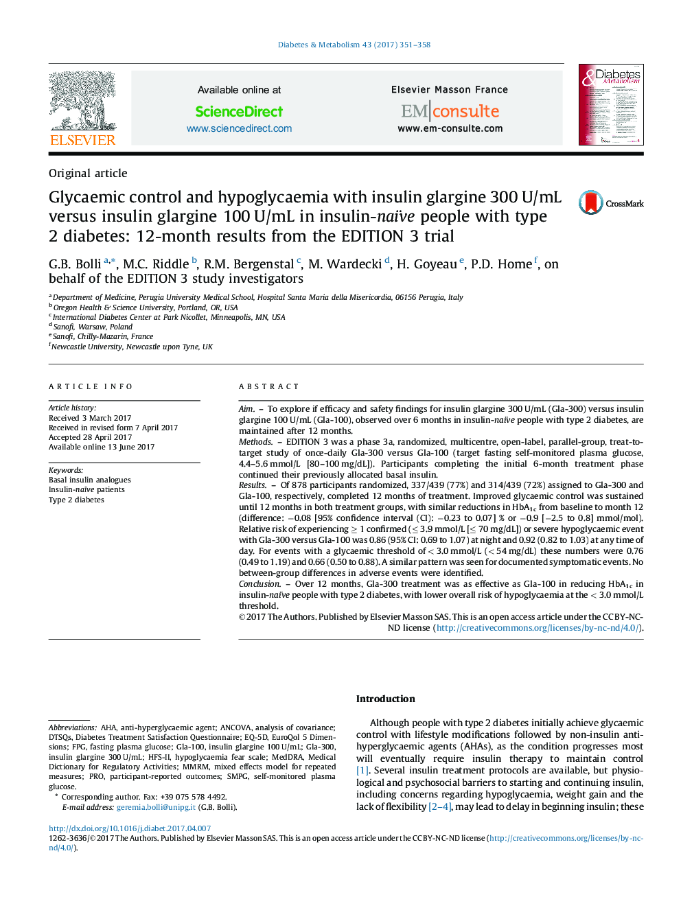 Glycaemic control and hypoglycaemia with insulin glargine 300 U/mL versus insulin glargine 100 U/mL in insulin-naïve people with type 2Â diabetes: 12-month results from the EDITION 3 trial