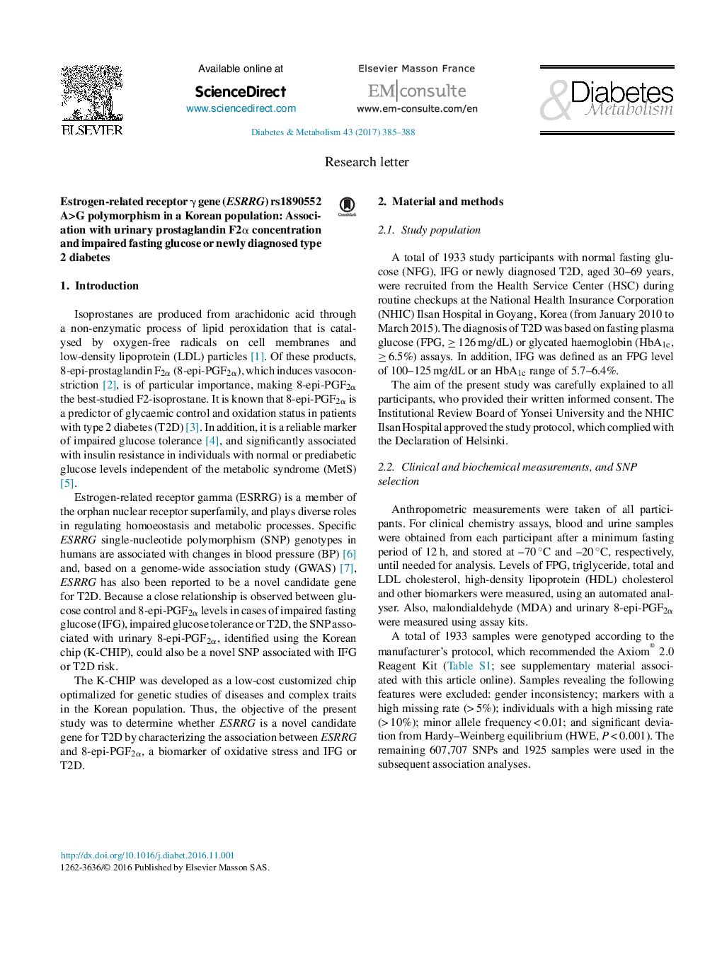 Estrogen-related receptor Î³ gene (ESRRG) rs1890552 A>G polymorphism in a Korean population: Association with urinary prostaglandin F2Î± concentration and impaired fasting glucose or newly diagnosed type 2 diabetes