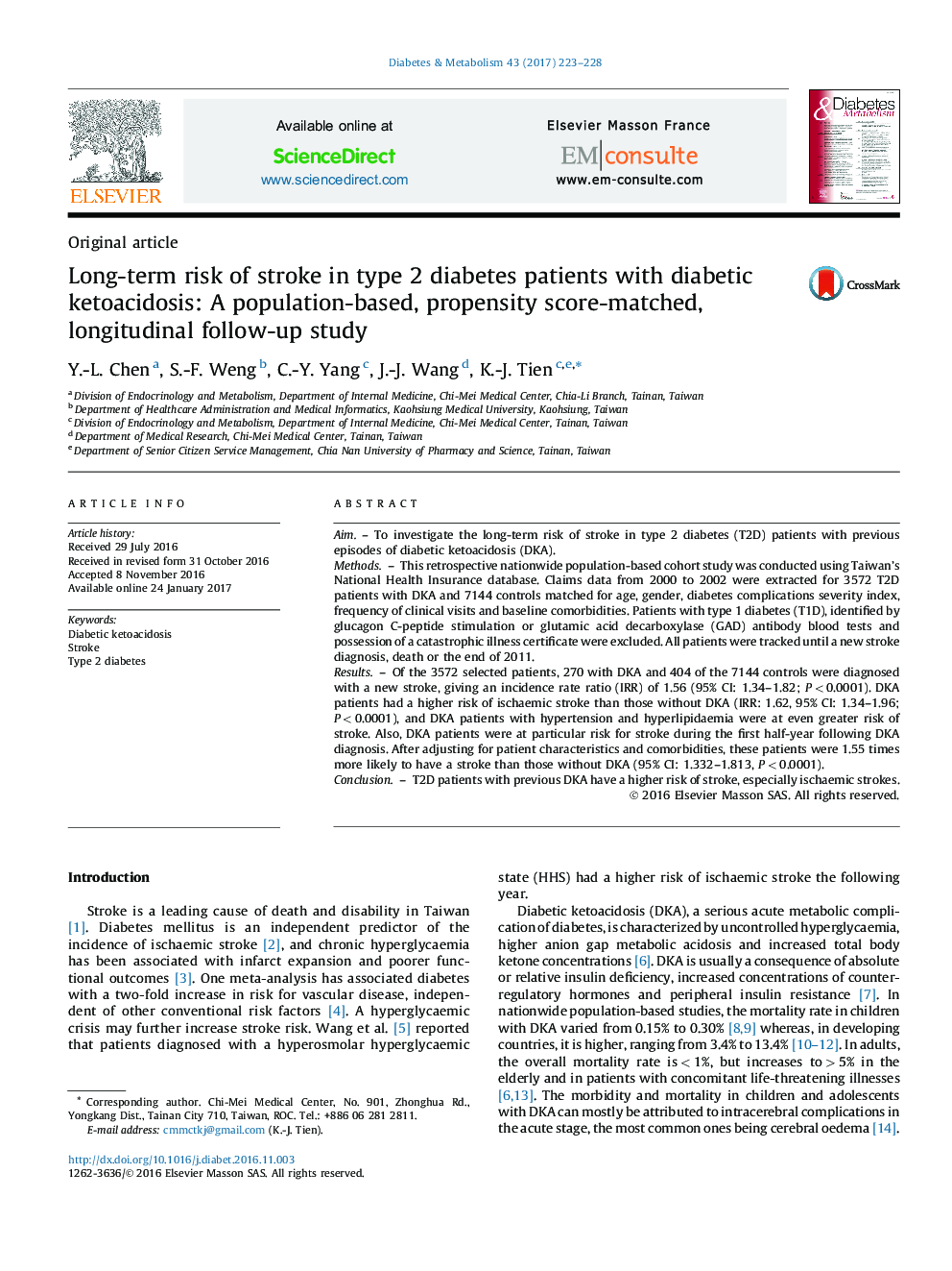 Long-term risk of stroke in type 2 diabetes patients with diabetic ketoacidosis: A population-based, propensity score-matched, longitudinal follow-up study