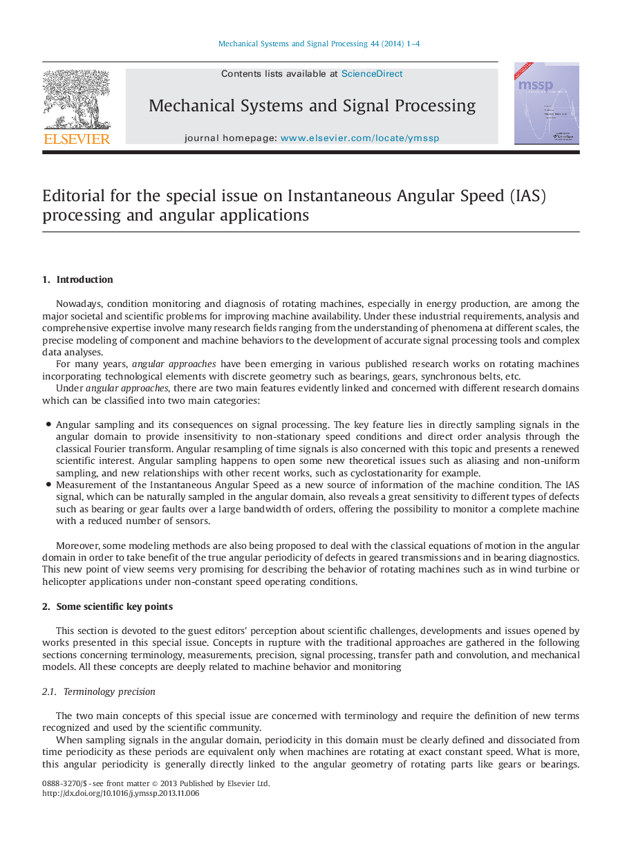 Editorial for the special issue on Instantaneous Angular Speed (IAS) processing and angular applications