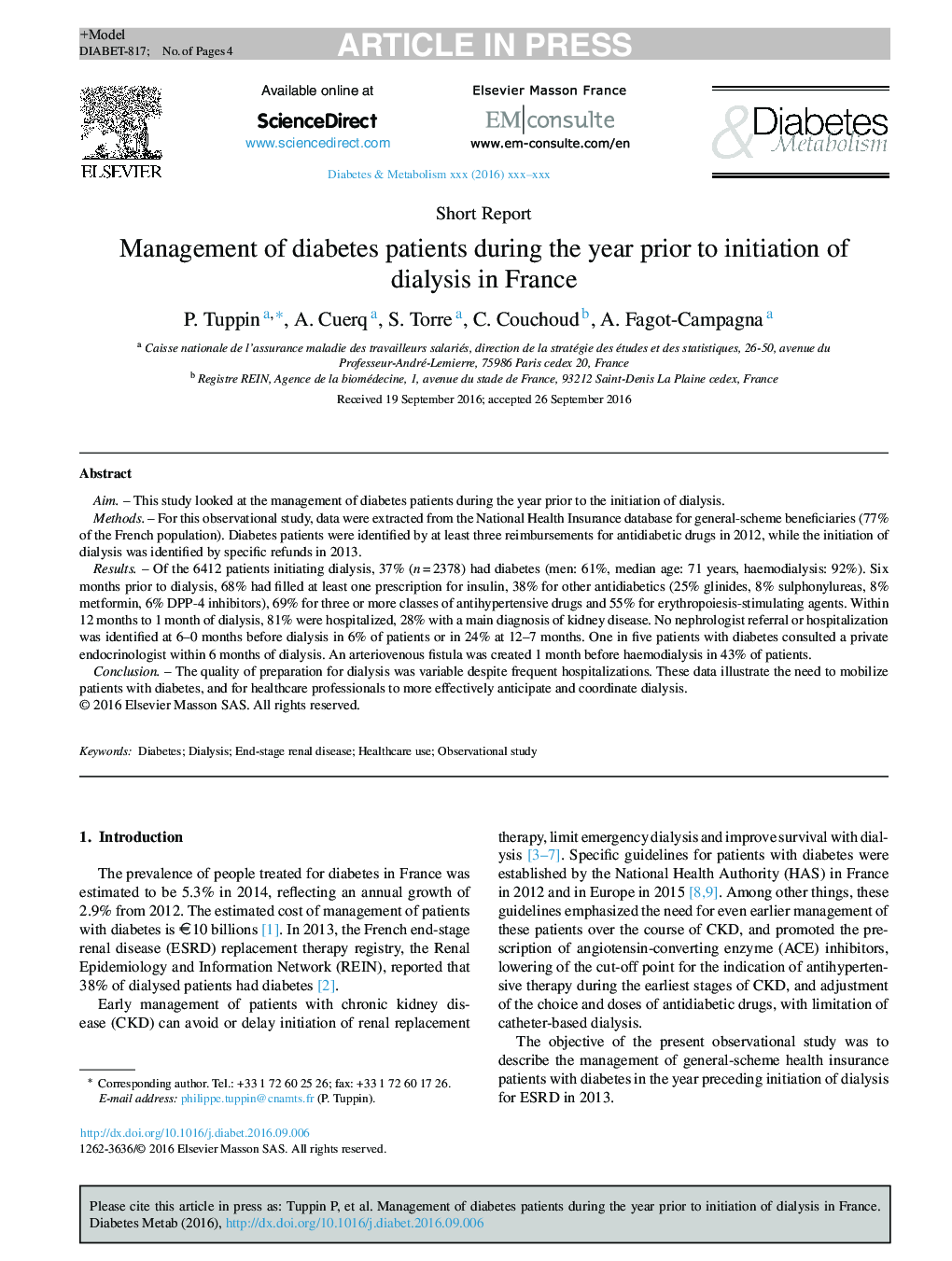 Management of diabetes patients during the year prior to initiation of dialysis in France