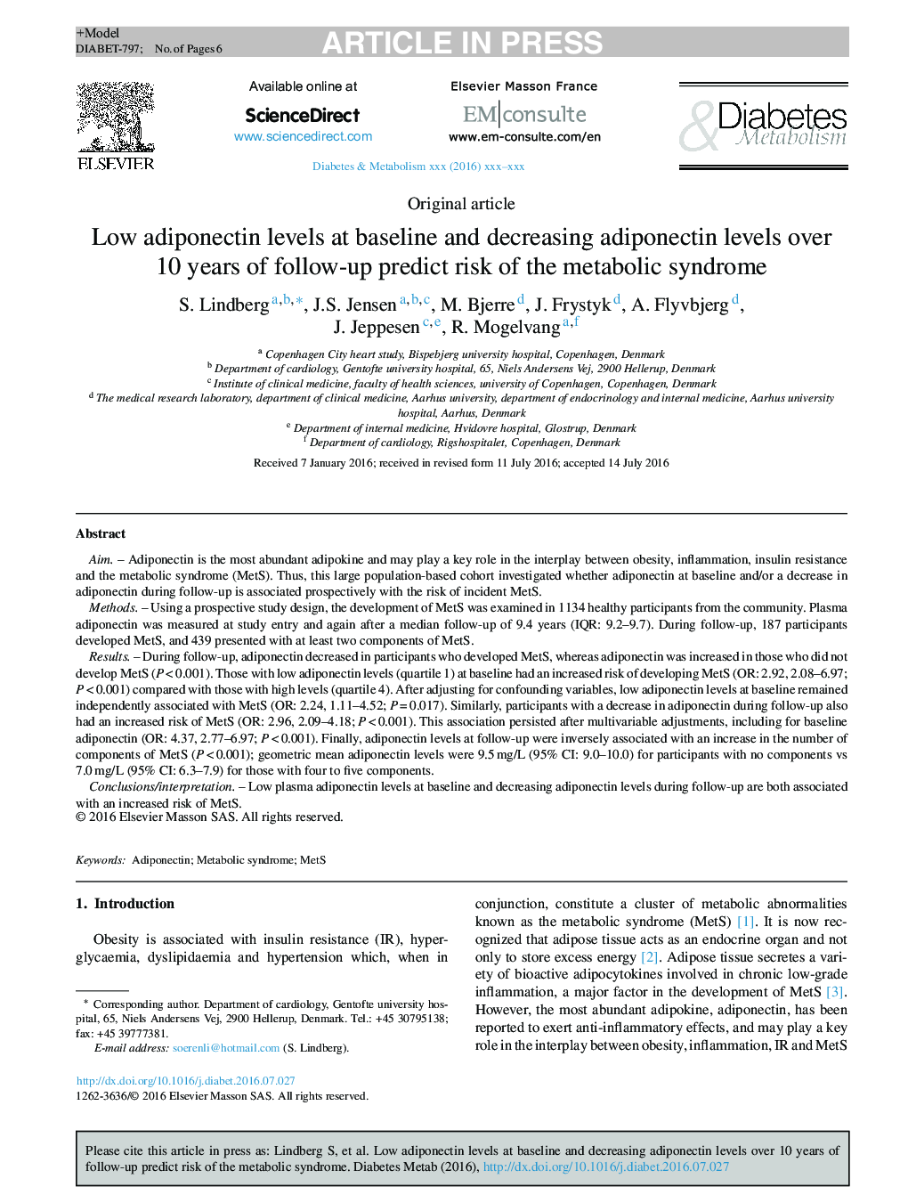 Low adiponectin levels at baseline and decreasing adiponectin levels over 10Â years of follow-up predict risk of the metabolic syndrome