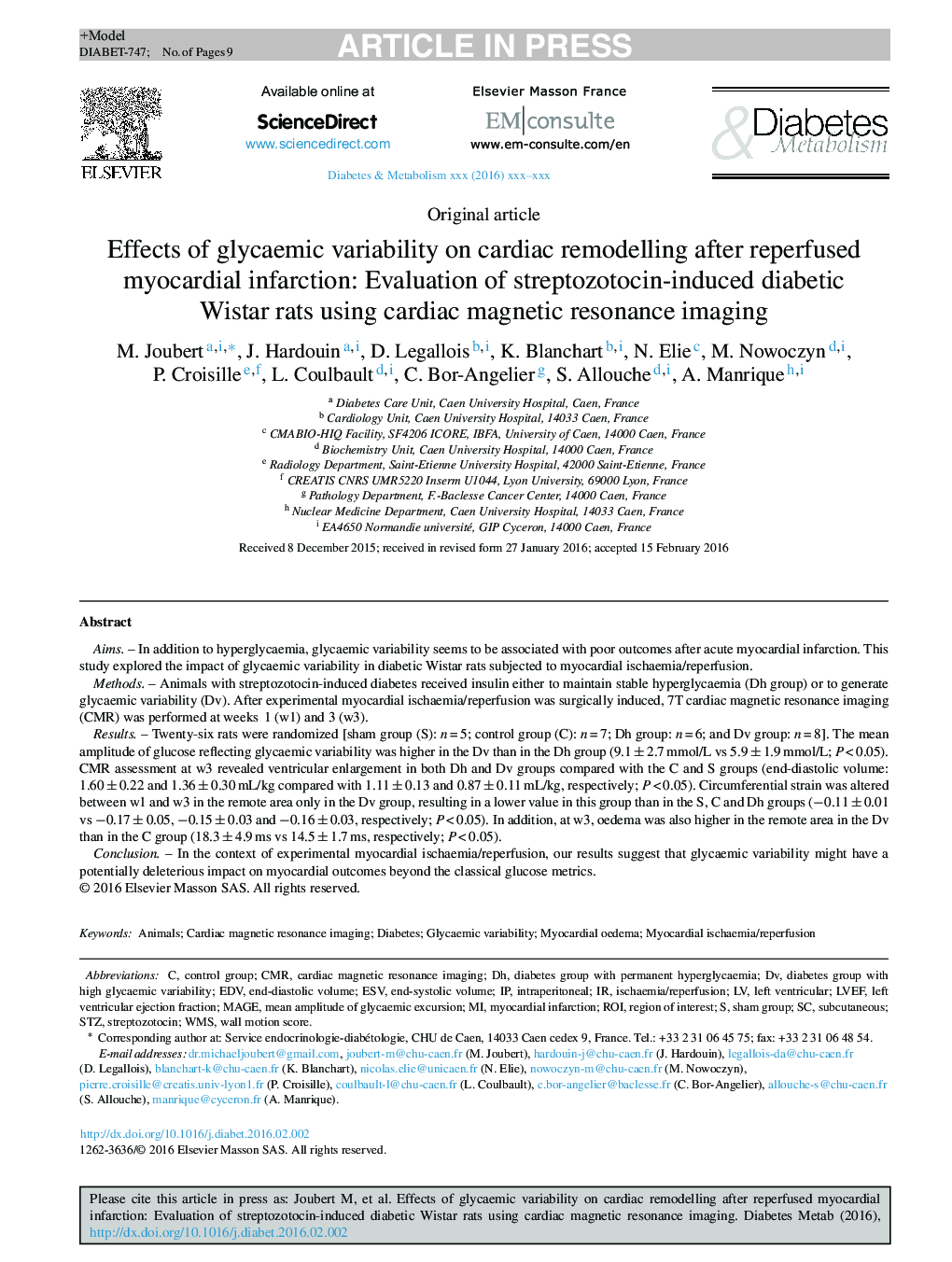 Effects of glycaemic variability on cardiac remodelling after reperfused myocardial infarction: Evaluation of streptozotocin-induced diabetic Wistar rats using cardiac magnetic resonance imaging