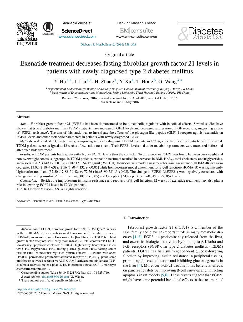 Exenatide treatment decreases fasting fibroblast growth factor 21 levels in patients with newly diagnosed type 2 diabetes mellitus