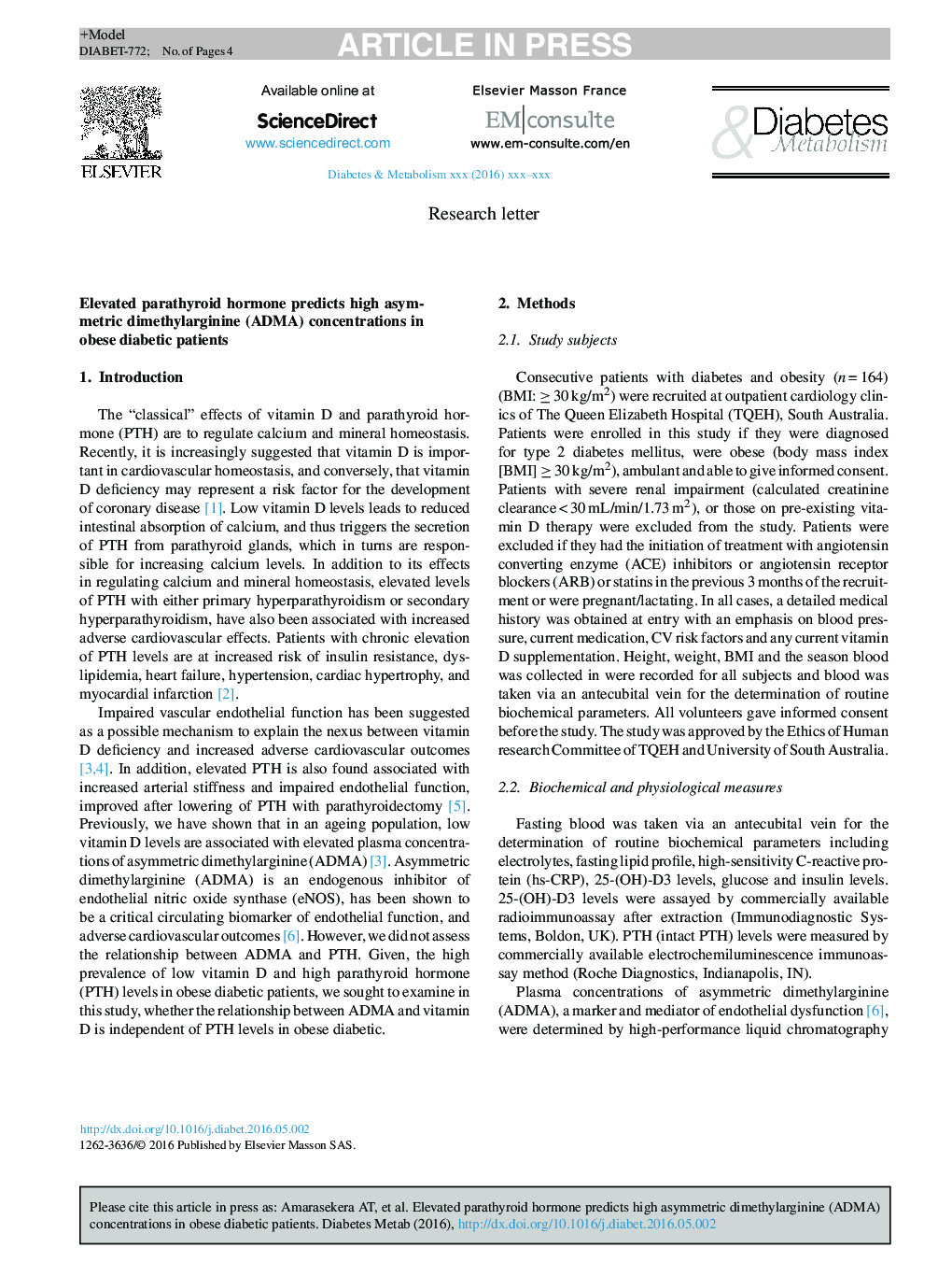 Elevated parathyroid hormone predicts high asymmetric dimethylarginine (ADMA) concentrations in obese diabetic patients