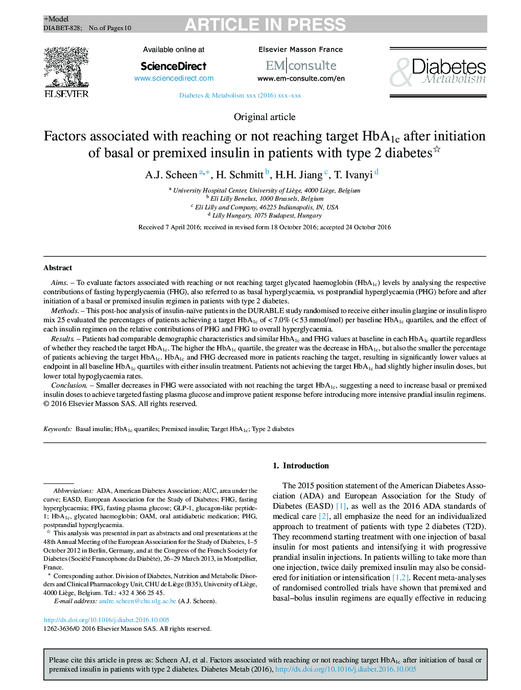 عکس صفحه اول مقاله: Factors associated with reaching or not reaching target HbA1c after initiation of basal or premixed insulin in patients with type 2 diabetes Factors associated with reaching or not reaching target HbA1c after initiation of basal or premixed insulin in patients with type 2 diabetes