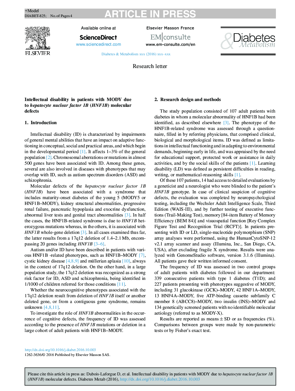 Intellectual disability in patients with MODY due to hepatocyte nuclear factor 1B (HNF1B) molecular defects