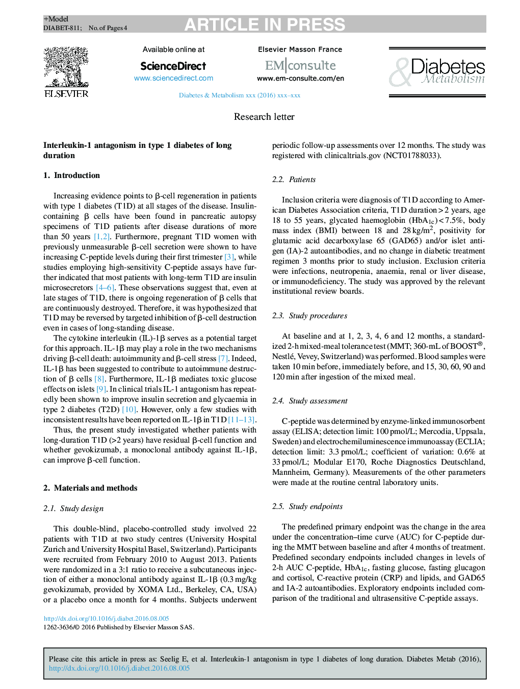 Interleukin-1 antagonism in type 1 diabetes of long duration