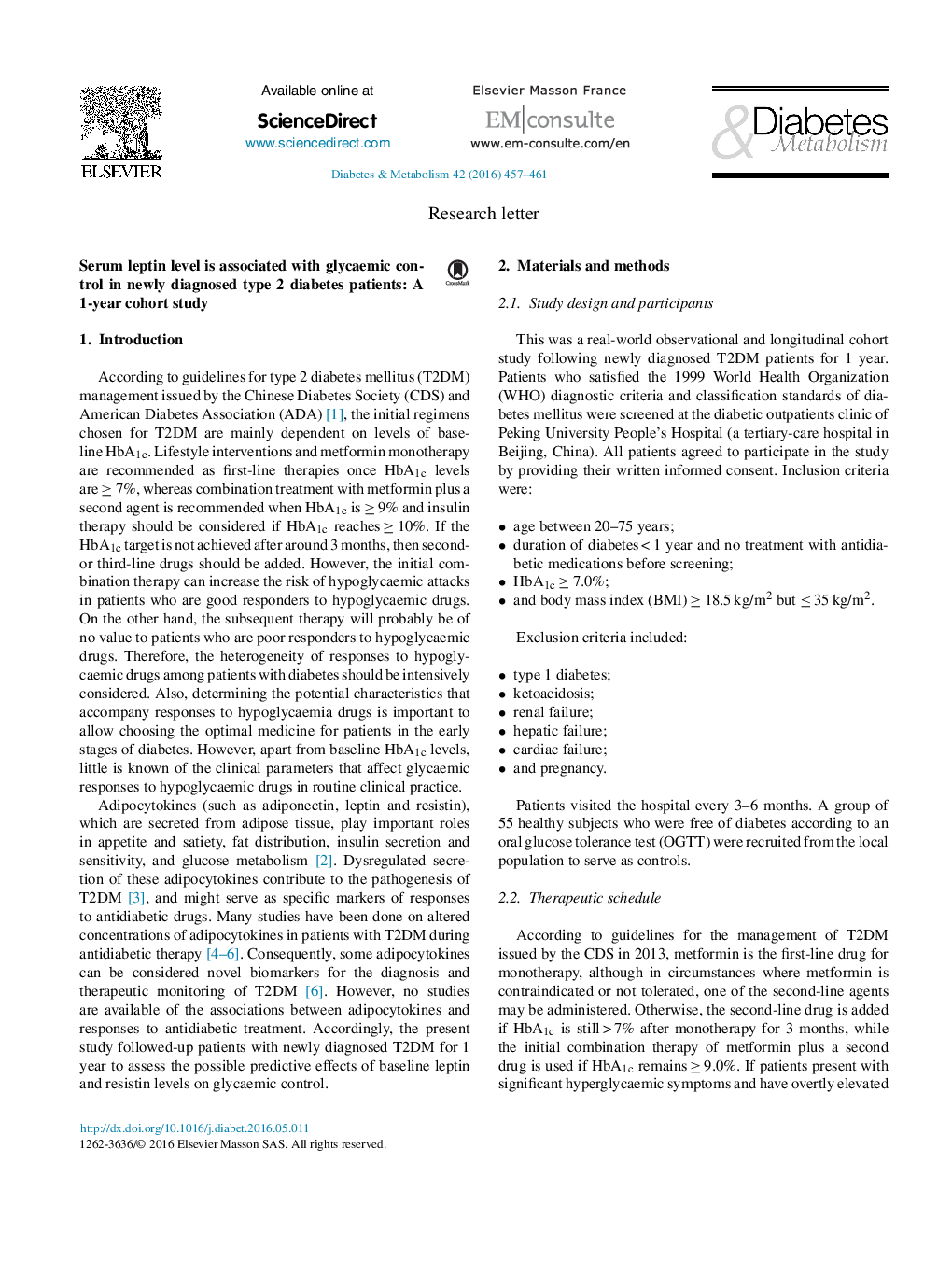 Serum leptin level is associated with glycaemic control in newly diagnosed type 2 diabetes patients: A 1-year cohort study
