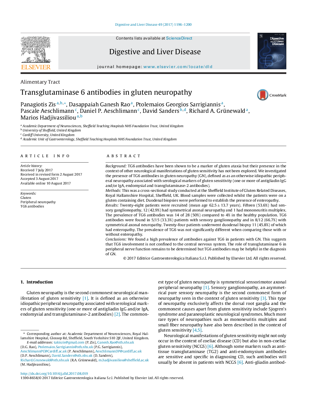 Transglutaminase 6 antibodies in gluten neuropathy