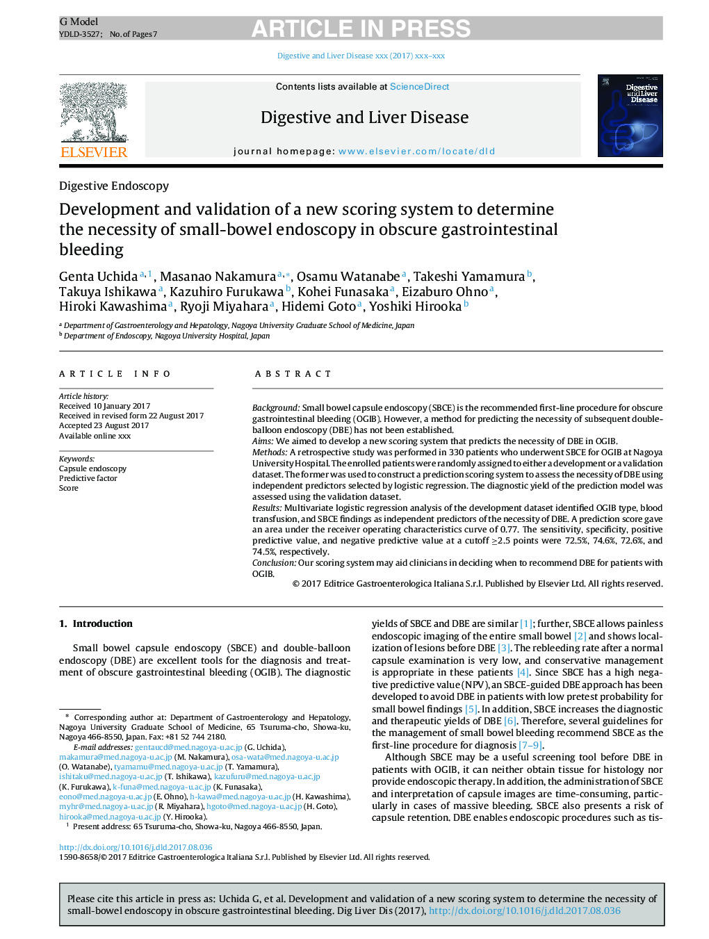 Development and validation of a new scoring system to determine the necessity of small-bowel endoscopy in obscure gastrointestinal bleeding