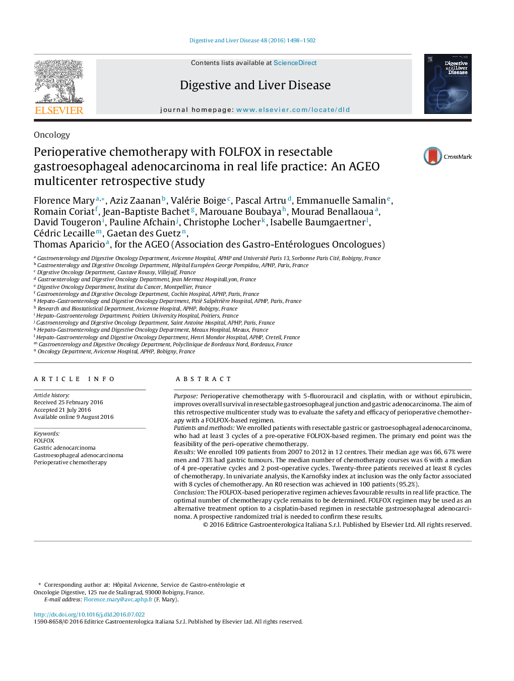 Perioperative chemotherapy with FOLFOX in resectable gastroesophageal adenocarcinoma in real life practice: An AGEO multicenter retrospective study