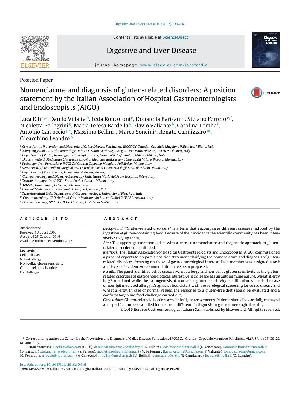 Nomenclature and diagnosis of gluten-related disorders: A position statement by the Italian Association of Hospital Gastroenterologists and Endoscopists (AIGO)