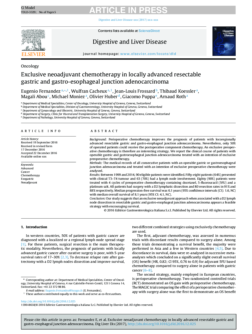 Exclusive neoadjuvant chemotherapy in locally advanced resectable gastric and gastro-esophageal junction adenocarcinoma