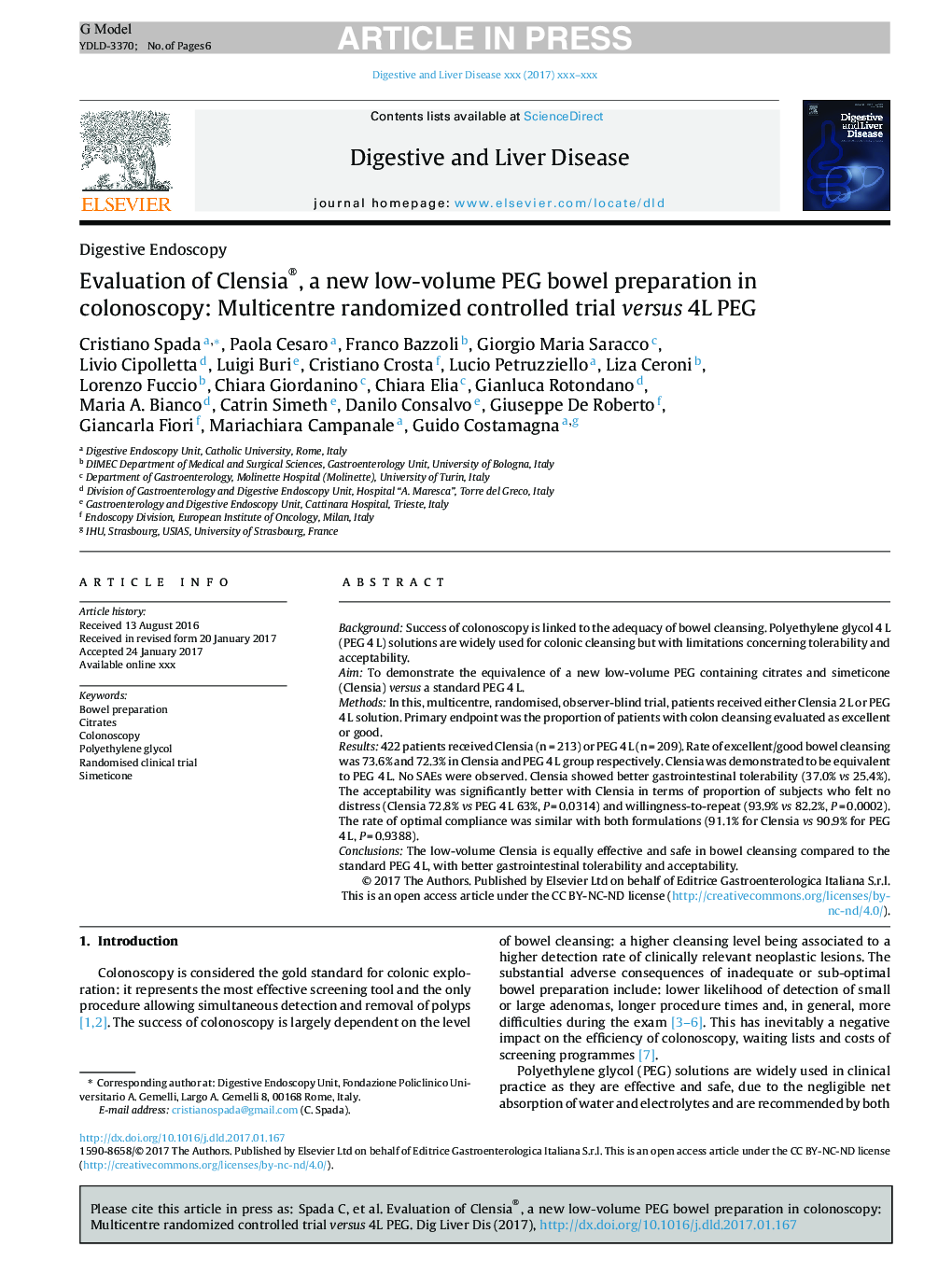 Evaluation of Clensia®, a new low-volume PEG bowel preparation in colonoscopy: Multicentre randomized controlled trial versus 4L PEG