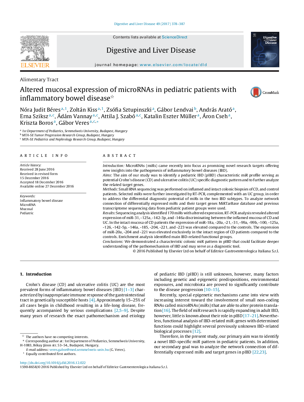 Altered mucosal expression of microRNAs in pediatric patients with inflammatory bowel disease