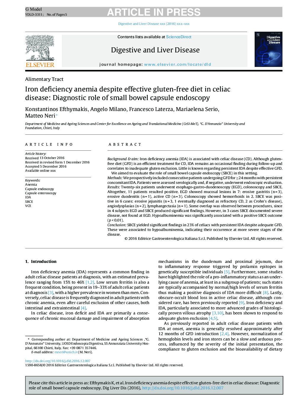 Iron deficiency anemia despite effective gluten-free diet in celiac disease: Diagnostic role of small bowel capsule endoscopy