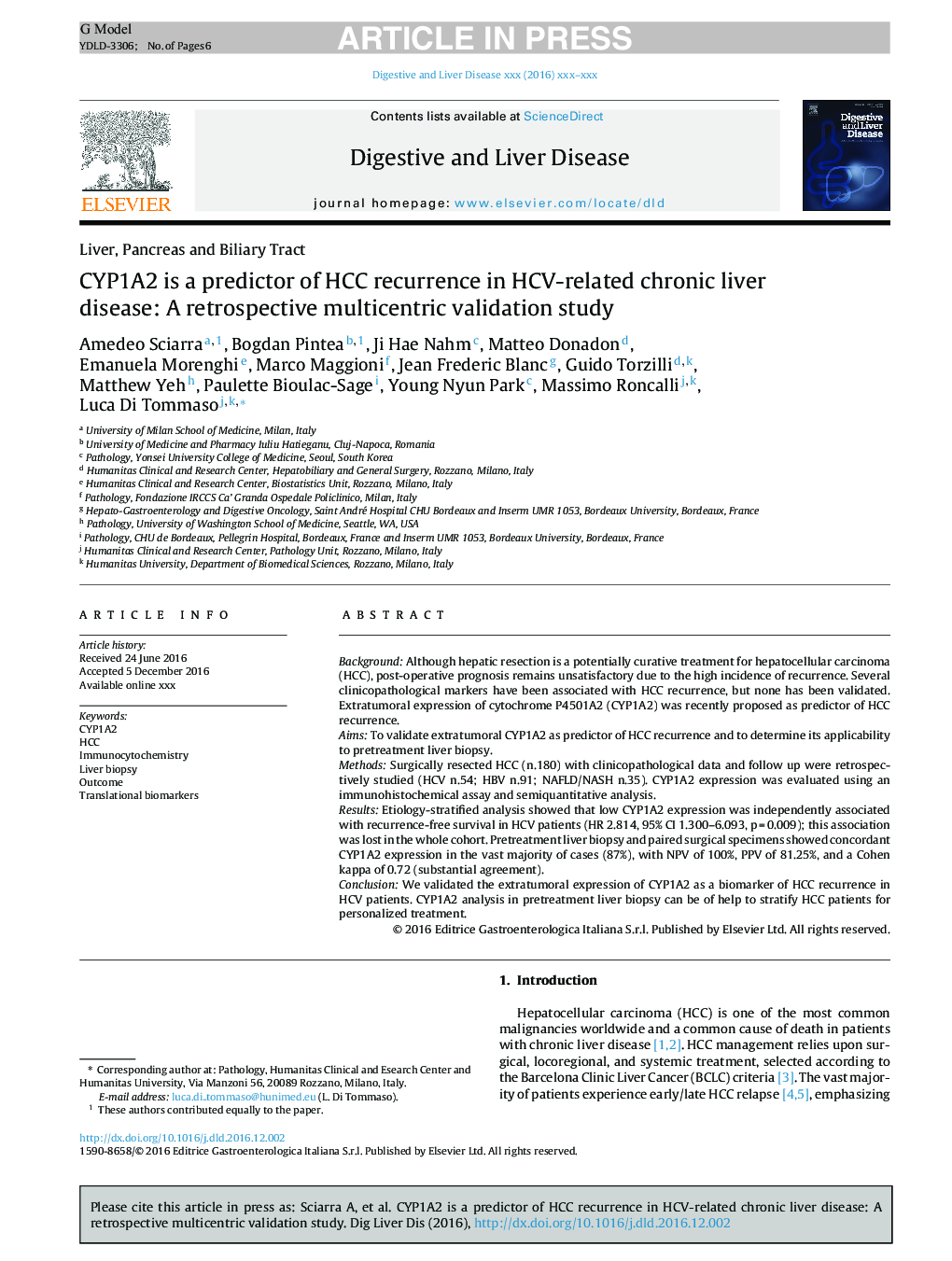 CYP1A2 is a predictor of HCC recurrence in HCV-related chronic liver disease: A retrospective multicentric validation study