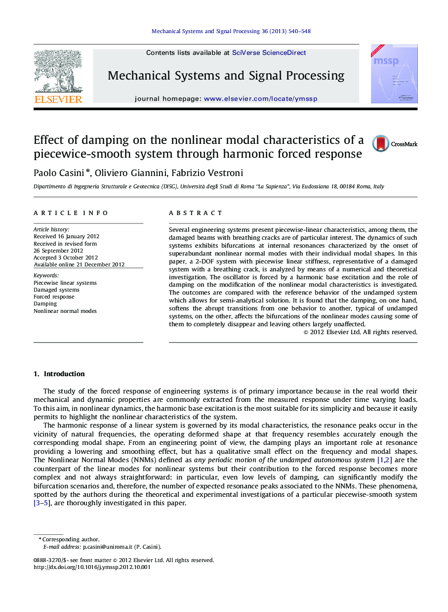 Effect of damping on the nonlinear modal characteristics of a piecewice-smooth system through harmonic forced response