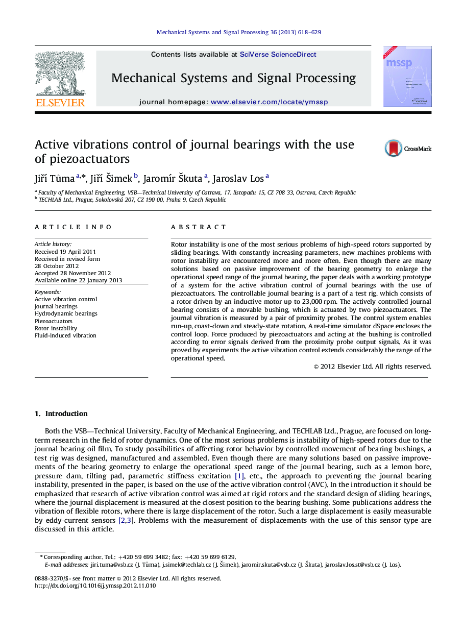 Active vibrations control of journal bearings with the use of piezoactuators