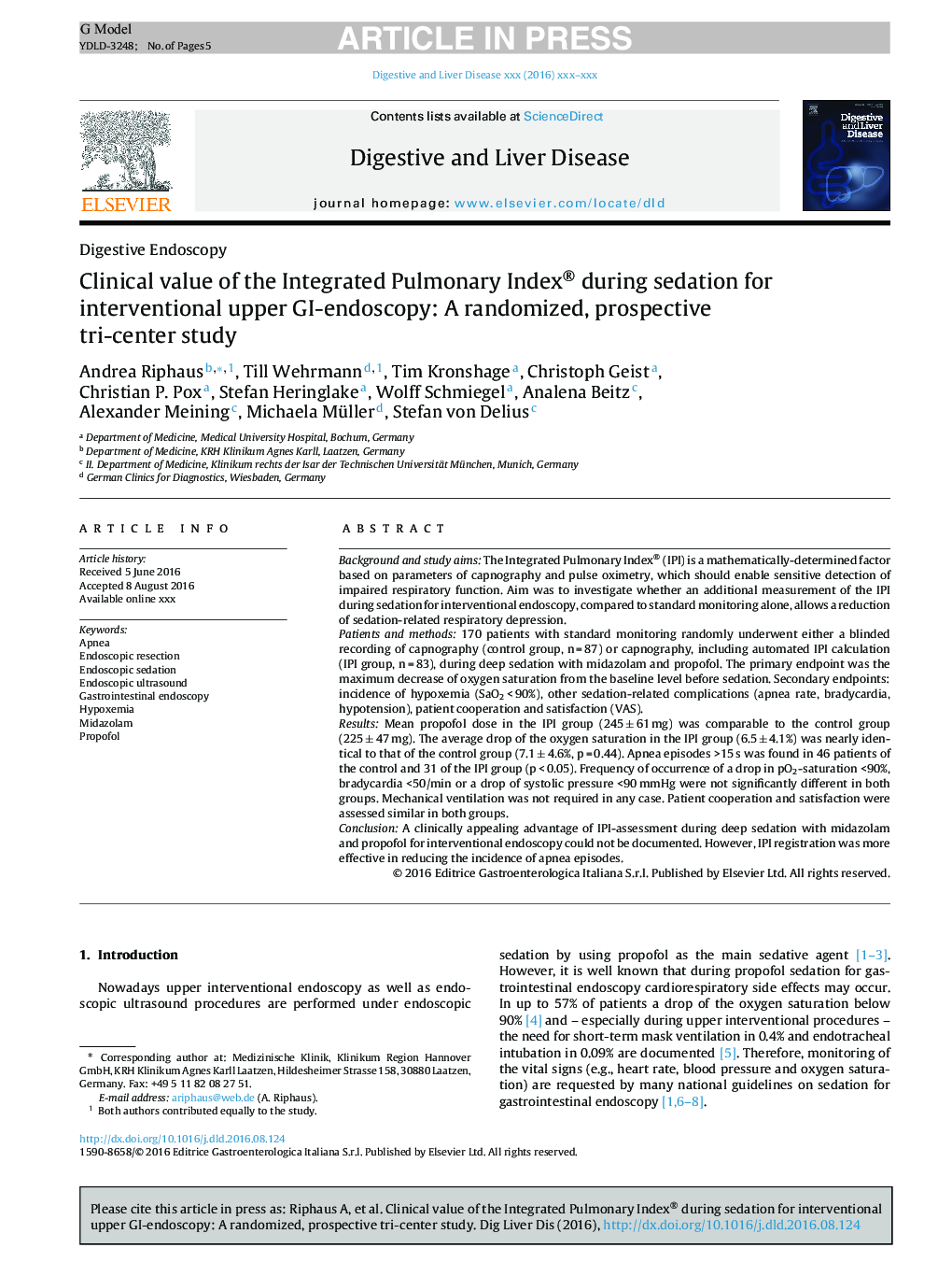 Clinical value of the Integrated Pulmonary Index® during sedation for interventional upper GI-endoscopy: A randomized, prospective tri-center study