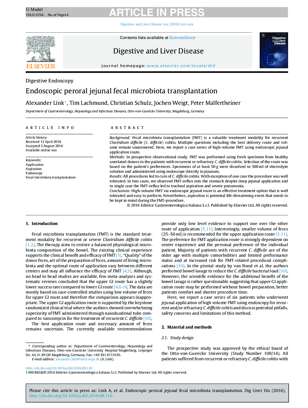 Endoscopic peroral jejunal fecal microbiota transplantation