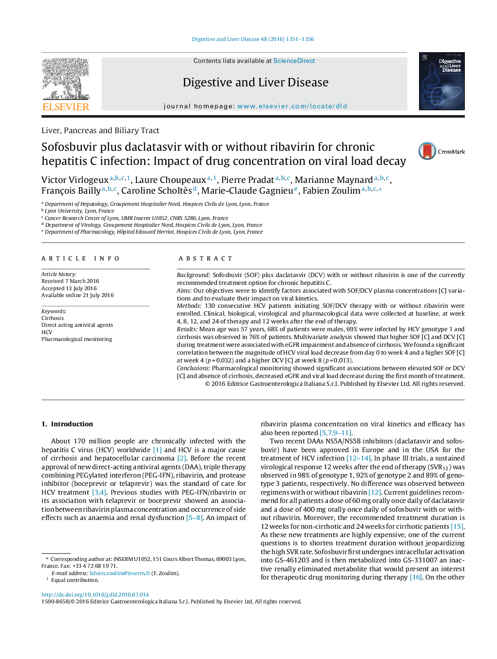 Sofosbuvir plus daclatasvir with or without ribavirin for chronic hepatitis C infection: Impact of drug concentration on viral load decay