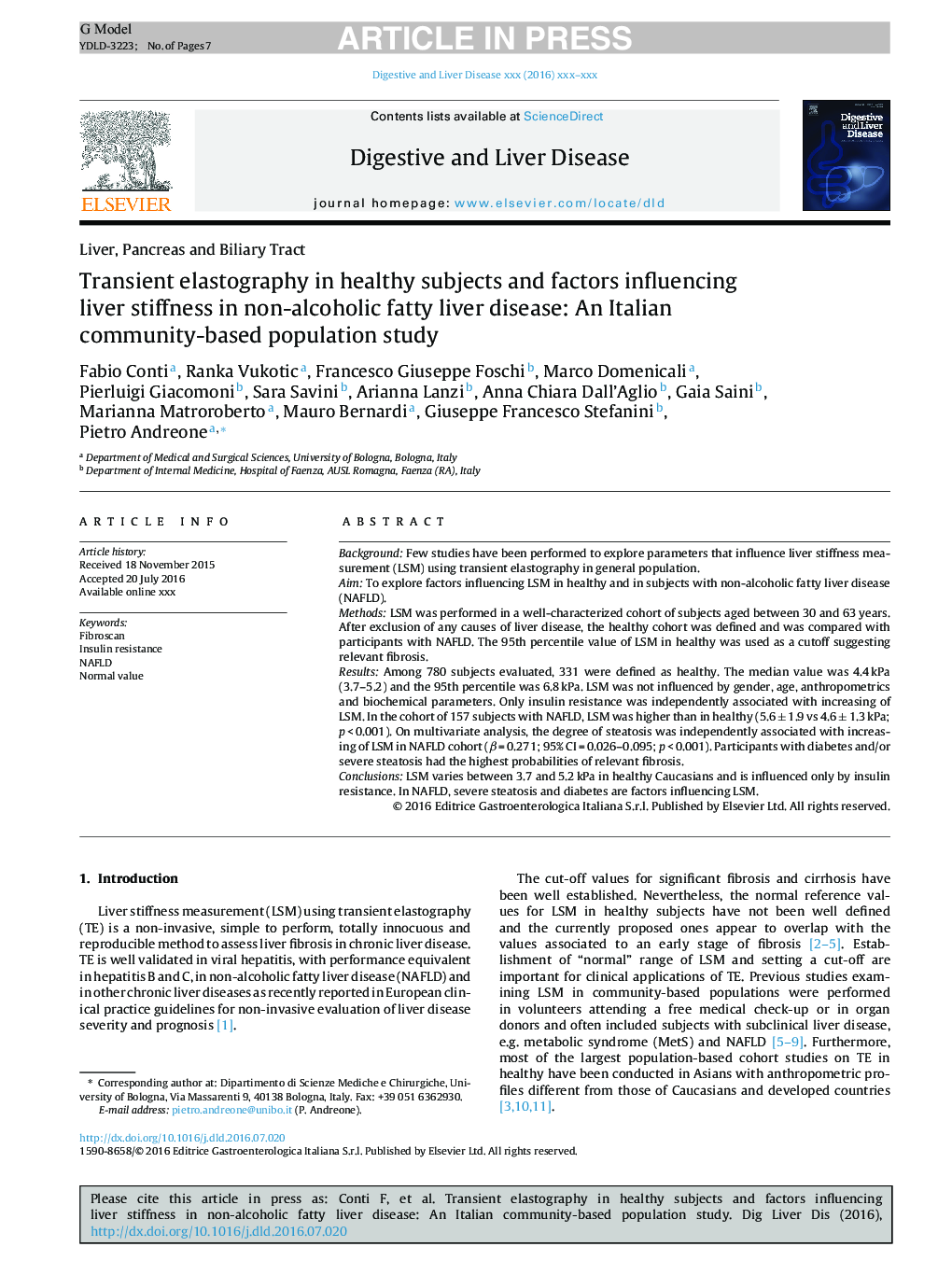 Transient elastography in healthy subjects and factors influencing liver stiffness in non-alcoholic fatty liver disease: An Italian community-based population study