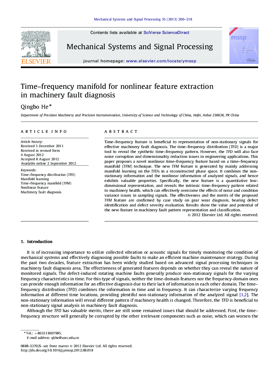 Time–frequency manifold for nonlinear feature extraction in machinery fault diagnosis