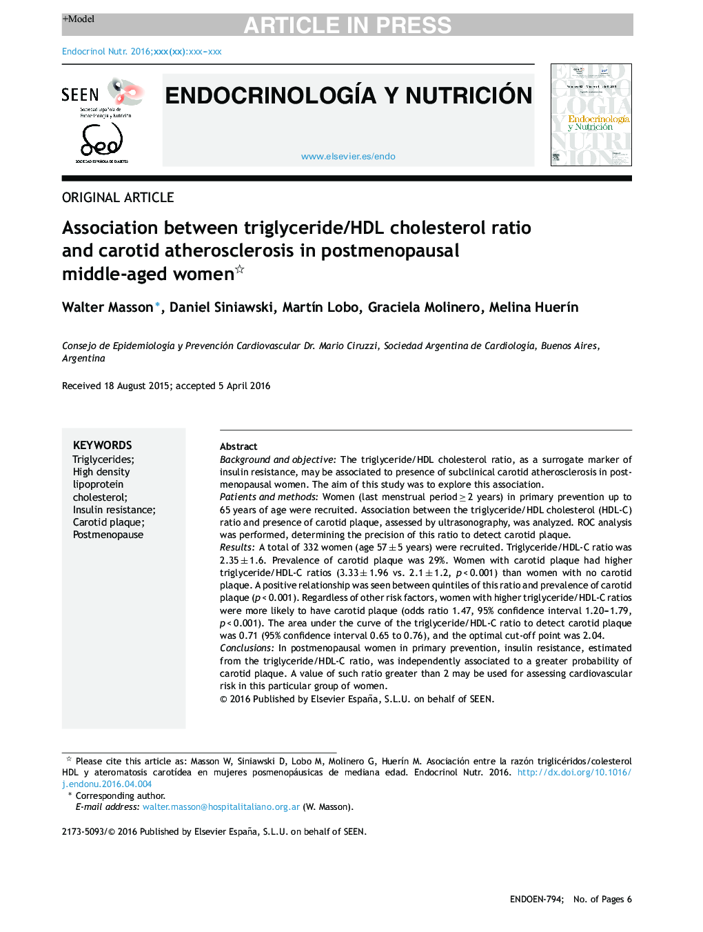 Association between triglyceride/HDL cholesterol ratio and carotid atherosclerosis in postmenopausal middle-aged women