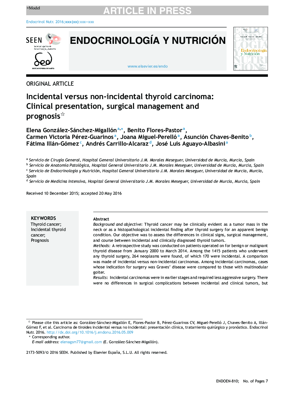 Incidental versus non-incidental thyroid carcinoma: Clinical presentation, surgical management and prognosis