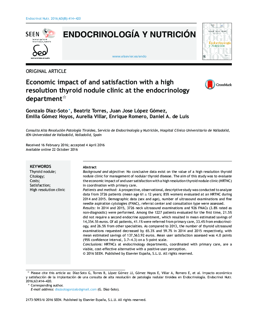 Economic impact of and satisfaction with a high resolution thyroid nodule clinic at the endocrinology department