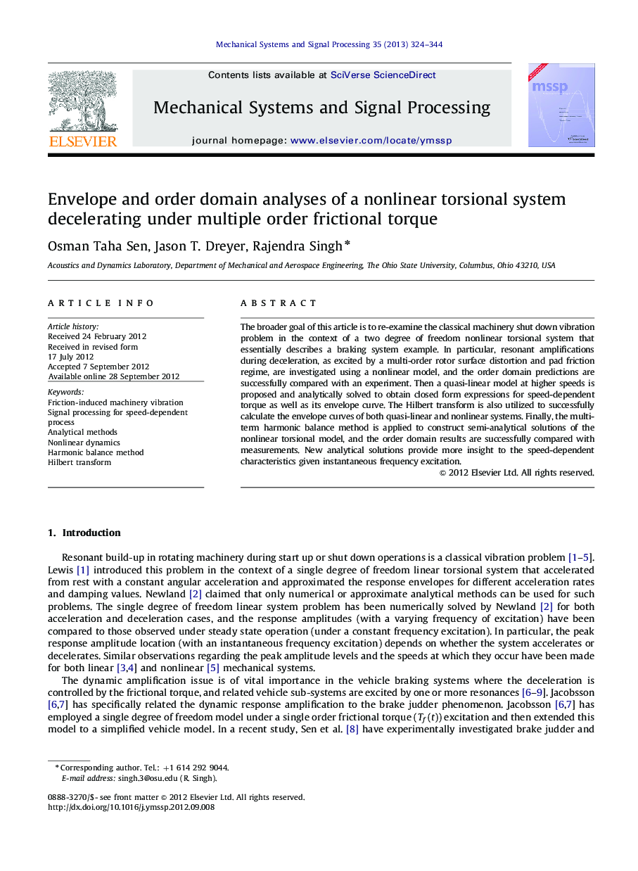 Envelope and order domain analyses of a nonlinear torsional system decelerating under multiple order frictional torque