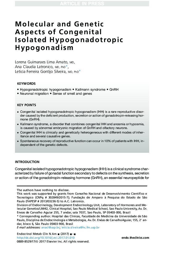 Molecular and Genetic Aspects of Congenital Isolated Hypogonadotropic Hypogonadism