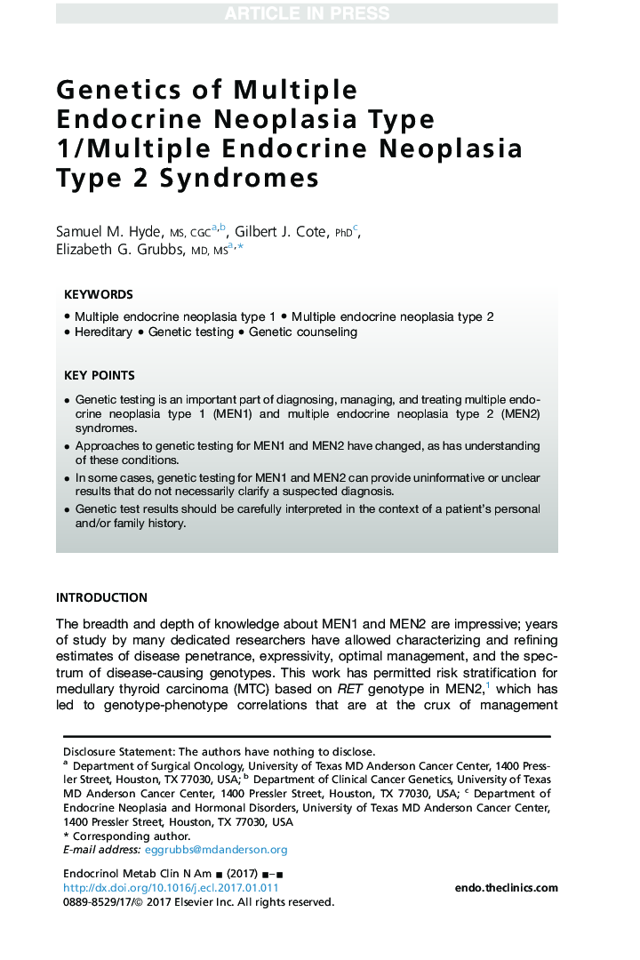 Genetics of Multiple Endocrine Neoplasia Type 1/Multiple Endocrine Neoplasia Type 2 Syndromes