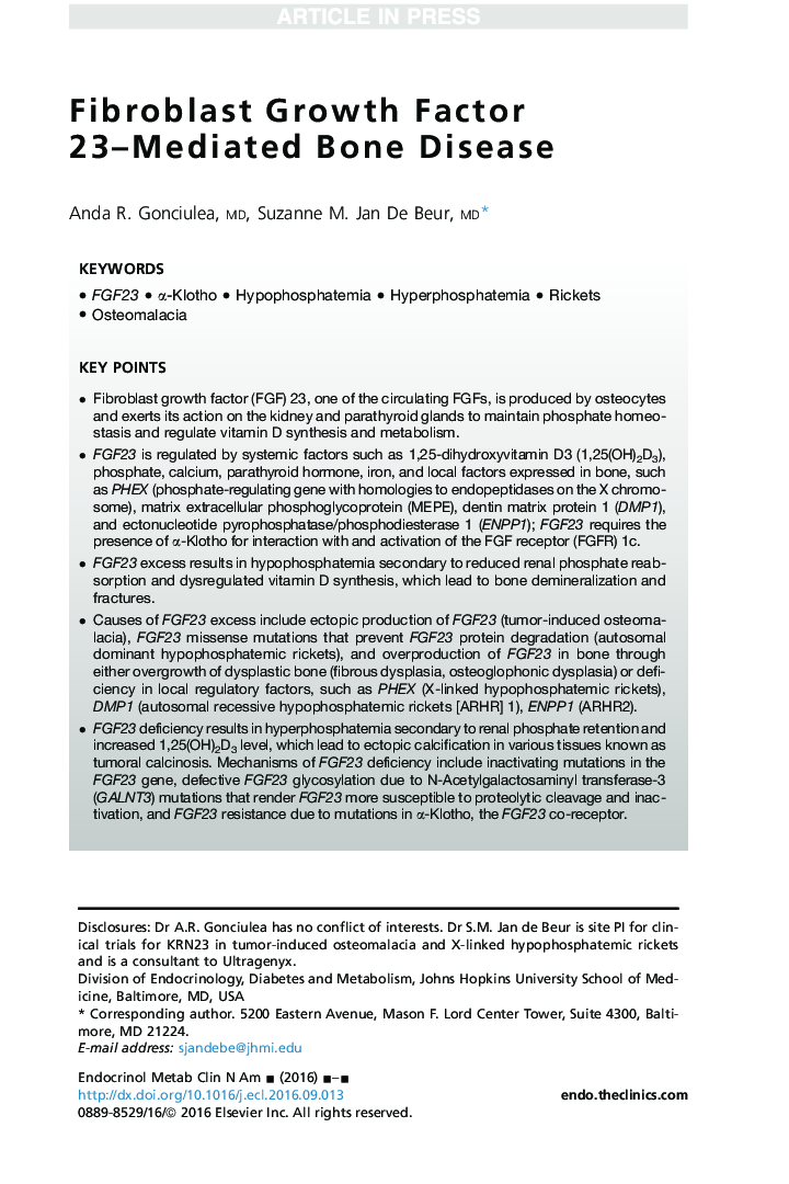 Fibroblast Growth Factor 23-Mediated Bone Disease